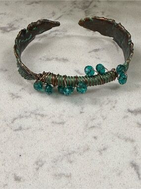 Handcrafted Patina Green Feather Cuff Bracelet - Women Jewelry